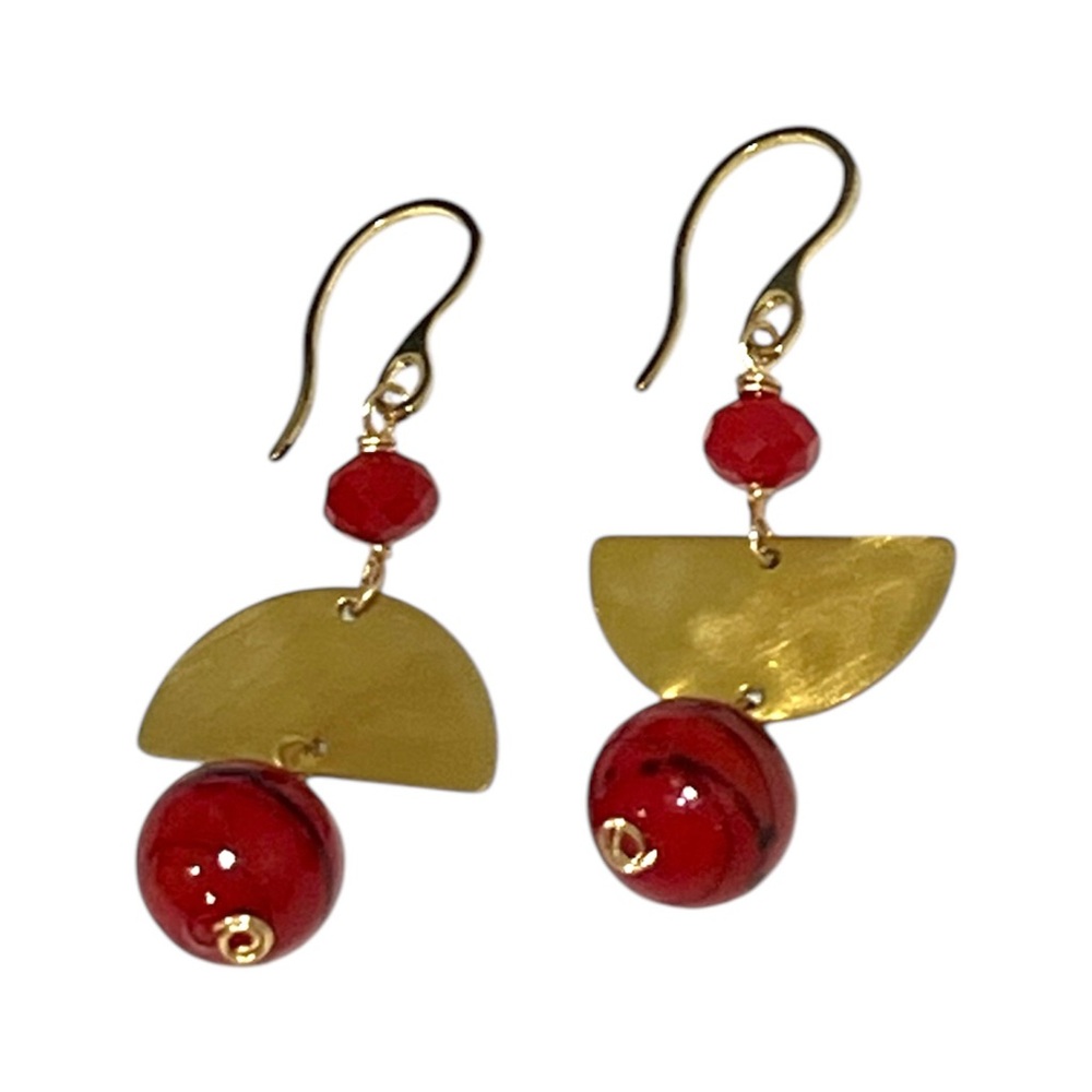 Hand Crafted Raw Brass & Red Lamp Glass Opposite Earrings